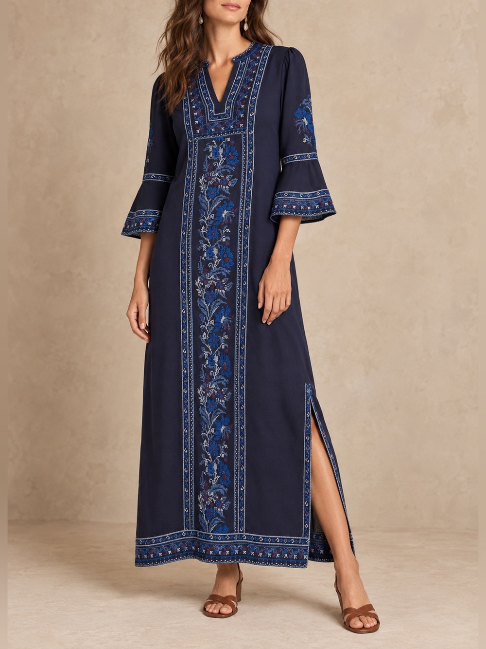 Solitaire Needlepoint Embroidered Navy Boho Maxi Dress Linen Blend L NWT
